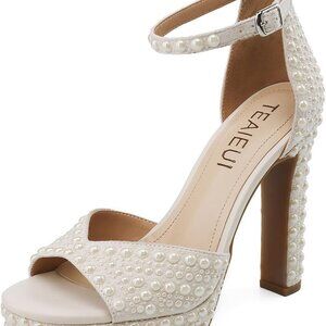 Pearl Rhinestone Heels Women Chunky Block Platform Bridal Shoes 80s Style